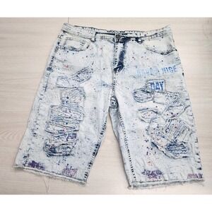 Rock Salt Bermuda Denim Jean Shorts Mens 38 Blue White Distressed Paint Splatter